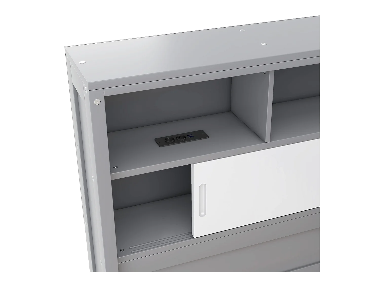 Houten onderschuifbed 90x200cm met USB-oplaadpoorten - omgeven door een cirkel met opbergruimte - Grijs