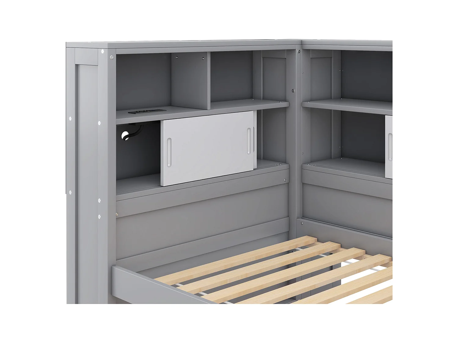 Houten onderschuifbed 90x200cm met USB-oplaadpoorten - omgeven door een cirkel met opbergruimte - Grijs