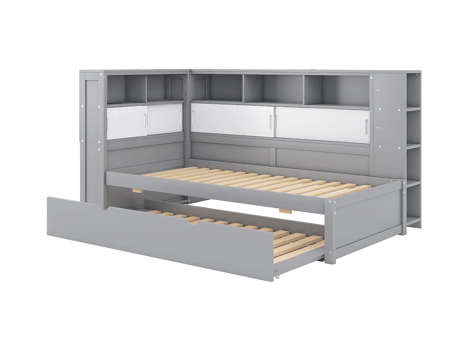 Houten onderschuifbed 90x200cm met USB-oplaadpoorten - omgeven door een cirkel met opbergruimte - Grijs