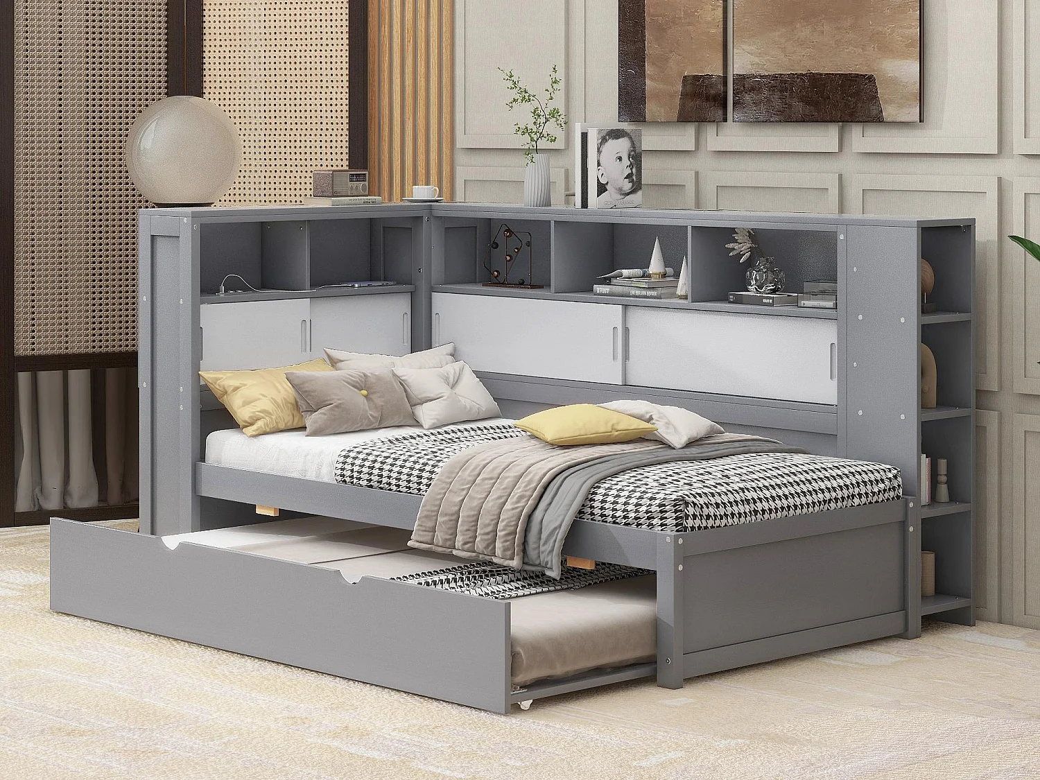 Lit gigogne en bois 90x200cm avec Ports de charge USB - entouré d'un cercle de rangements - Gris