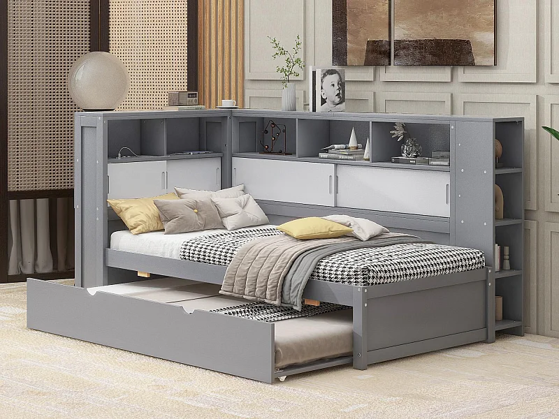 Houten onderschuifbed 90x200cm met USB-oplaadpoorten - omgeven door een cirkel met opbergruimte - Grijs