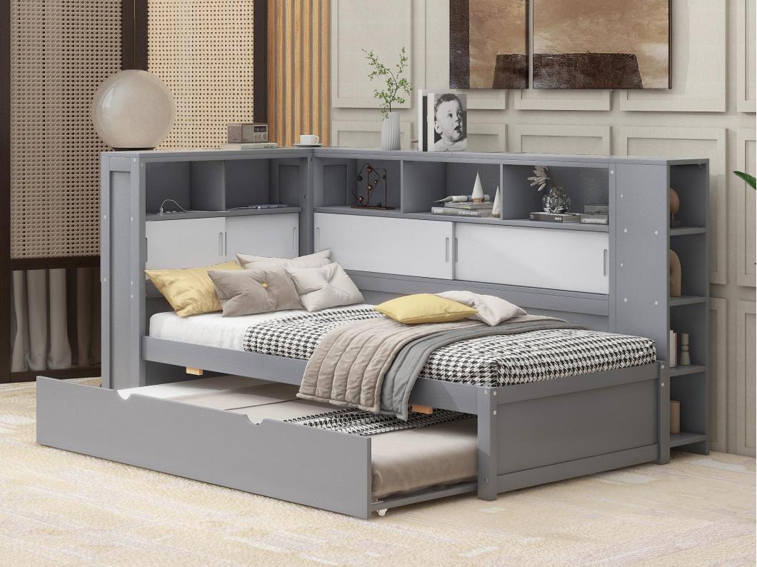 Cama nido de madera de 90x200 cm con puertos de carga USB - rodeada por un círculo de almacenamiento - Gris