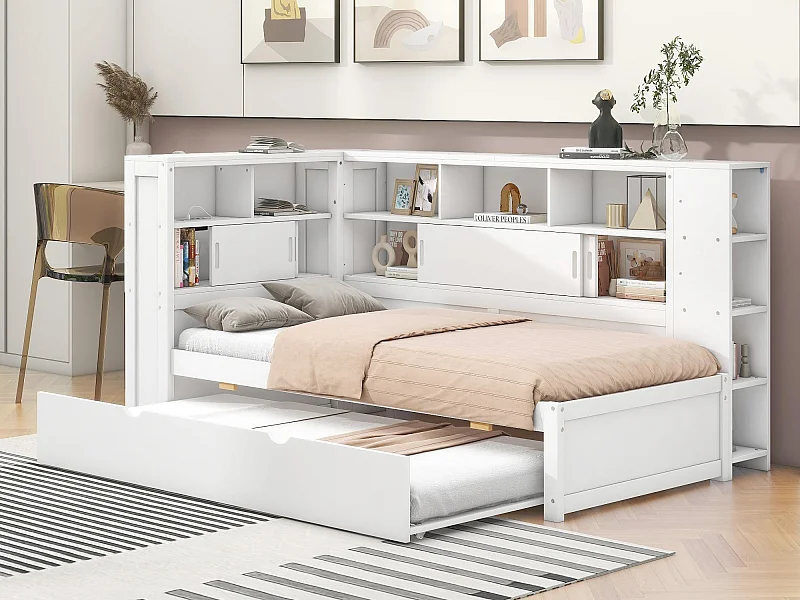 Cama nido de madera maciza de 90x200 cm con puertos de carga USB - rodeada por un círculo de almacenamiento - Blanco