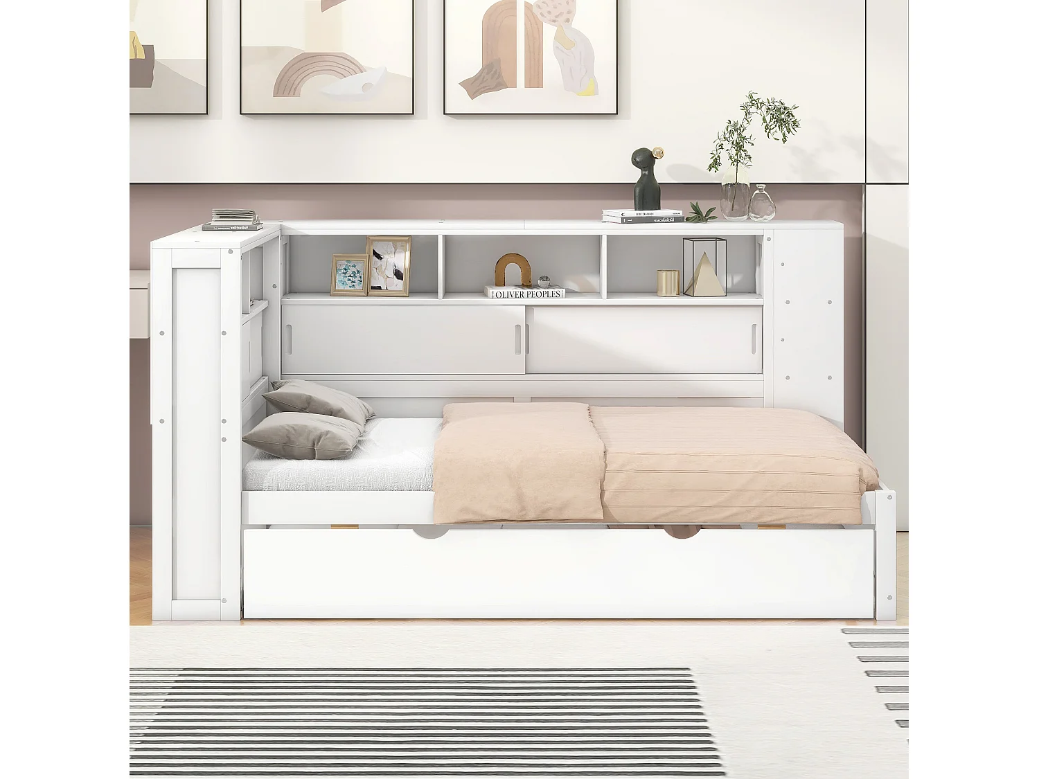 Letto estraibile in legno massello 90x200 cm con porte di ricarica USB - circondato da un cerchio di contenitori - Bianco