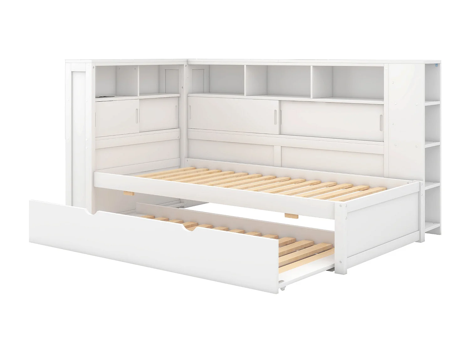 Letto estraibile in legno massello 90x200 cm con porte di ricarica USB - circondato da un cerchio di contenitori - Bianco