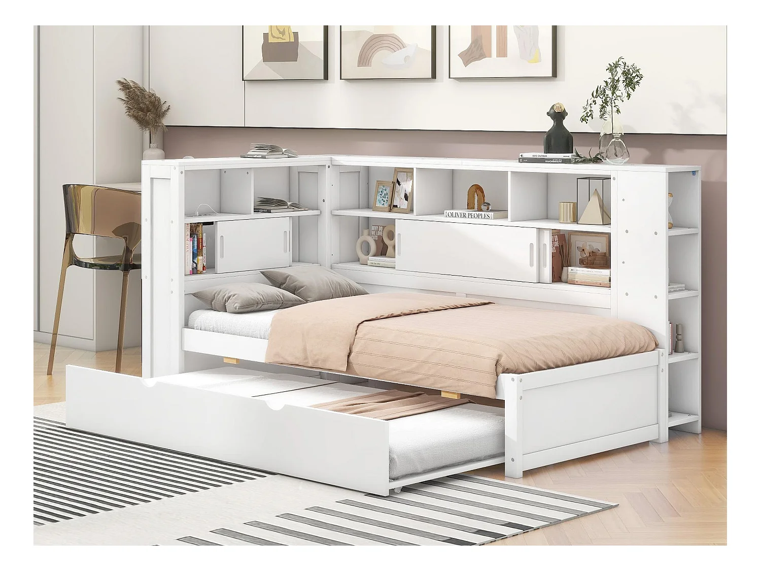 Lit gigogne en bois massif 90x200cm avec Ports de charge USB - entouré d'un cercle de rangements - Blanc