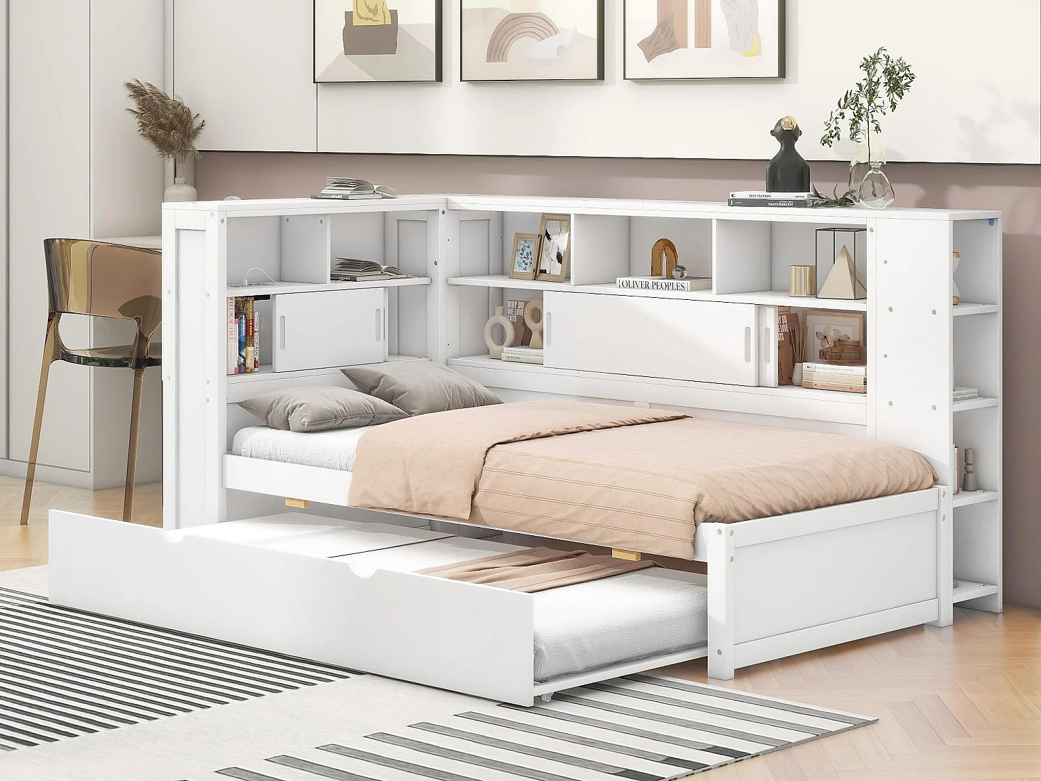 Lit gigogne en bois massif 90x200cm avec Ports de charge USB - entouré d'un cercle de rangements - Blanc