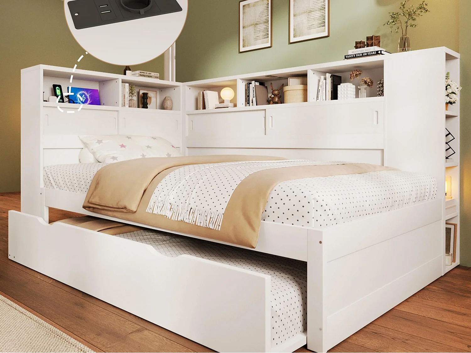 Massief houten onderschuifbed 90x200cm met USB-oplaadpoorten - omgeven door een cirkel met opbergruimte - Wit