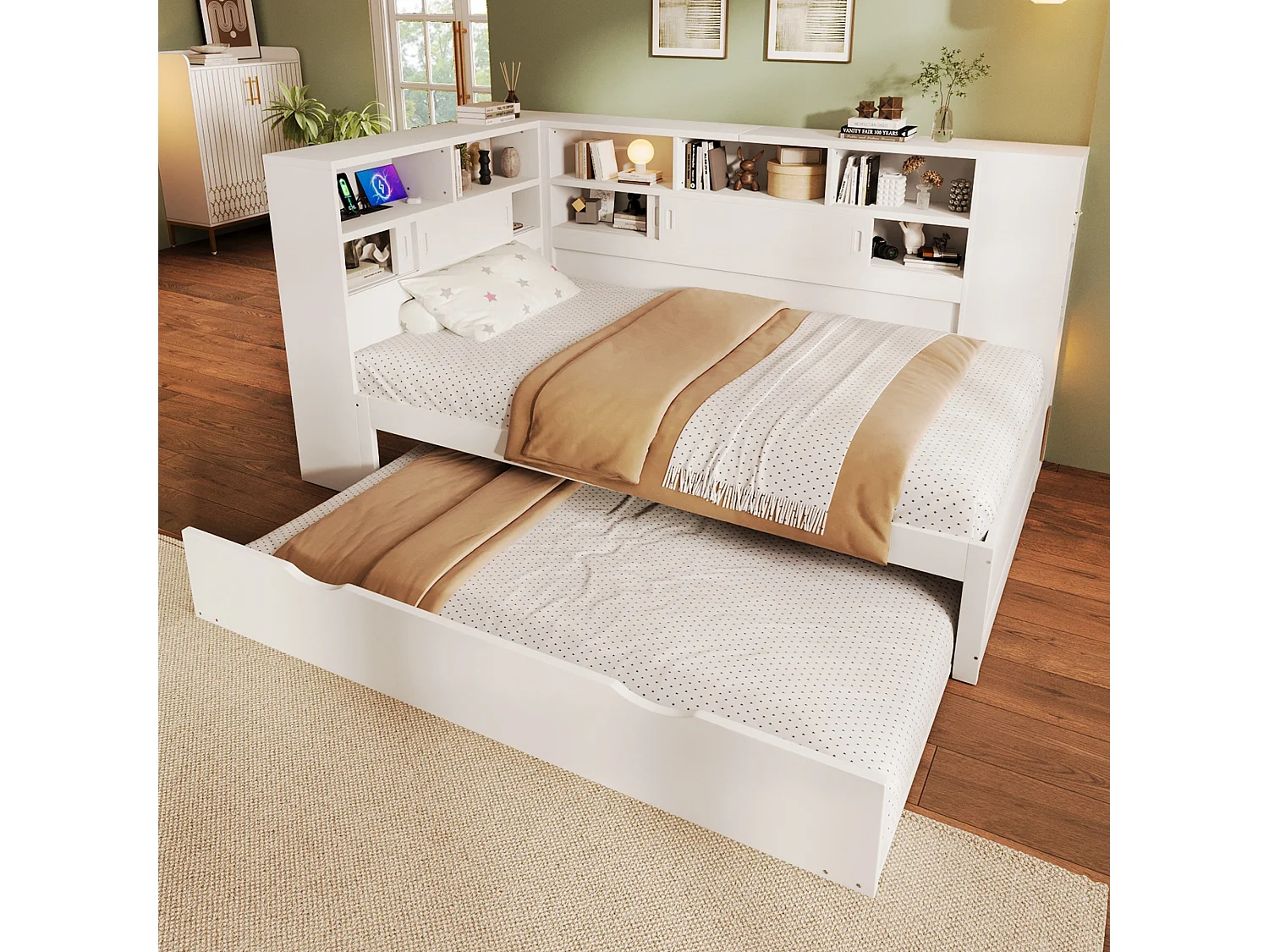 Massief houten onderschuifbed 90x200cm met USB-oplaadpoorten - omgeven door een cirkel met opbergruimte - Wit