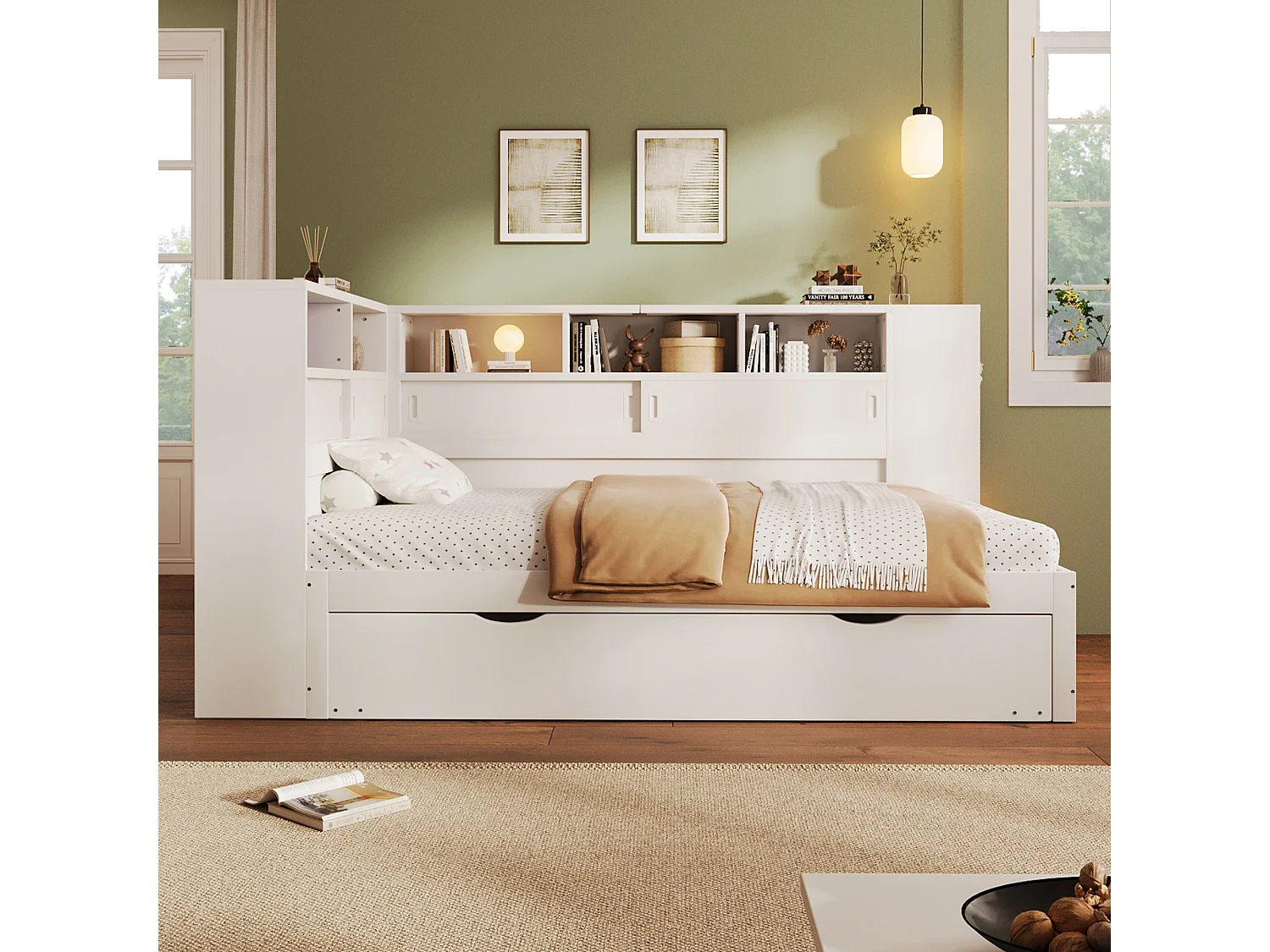 Massief houten onderschuifbed 90x200cm met USB-oplaadpoorten - omgeven door een cirkel met opbergruimte - Wit