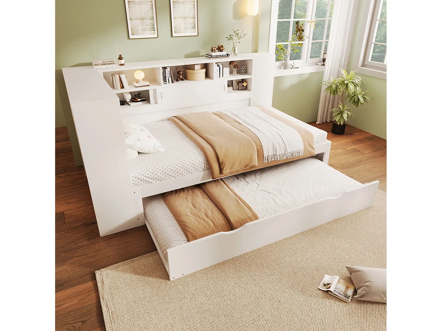 Massief houten onderschuifbed 90x200cm met USB-oplaadpoorten - omgeven door een cirkel met opbergruimte - Wit