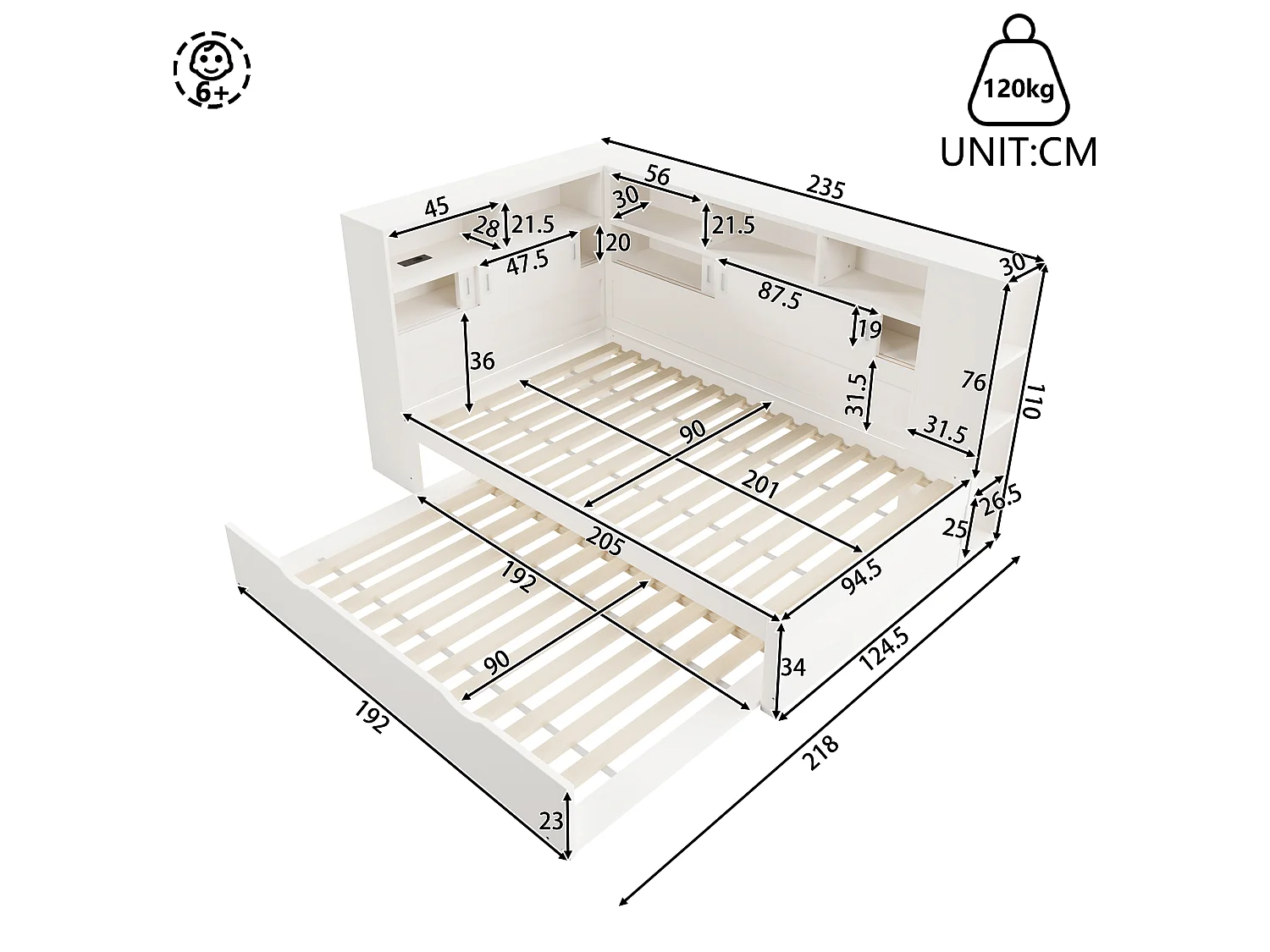 Massief houten onderschuifbed 90x200cm met USB-oplaadpoorten - omgeven door een cirkel met opbergruimte - Wit