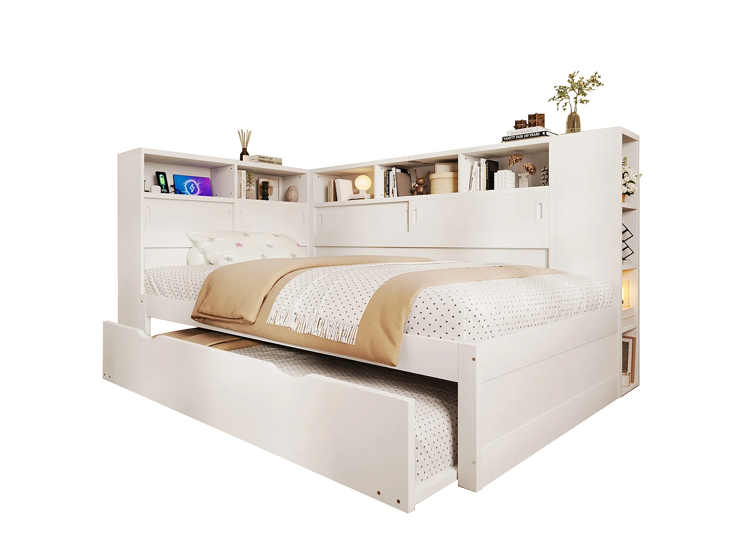 Massief houten onderschuifbed 90x200cm met USB-oplaadpoorten - omgeven door een cirkel met opbergruimte - Wit