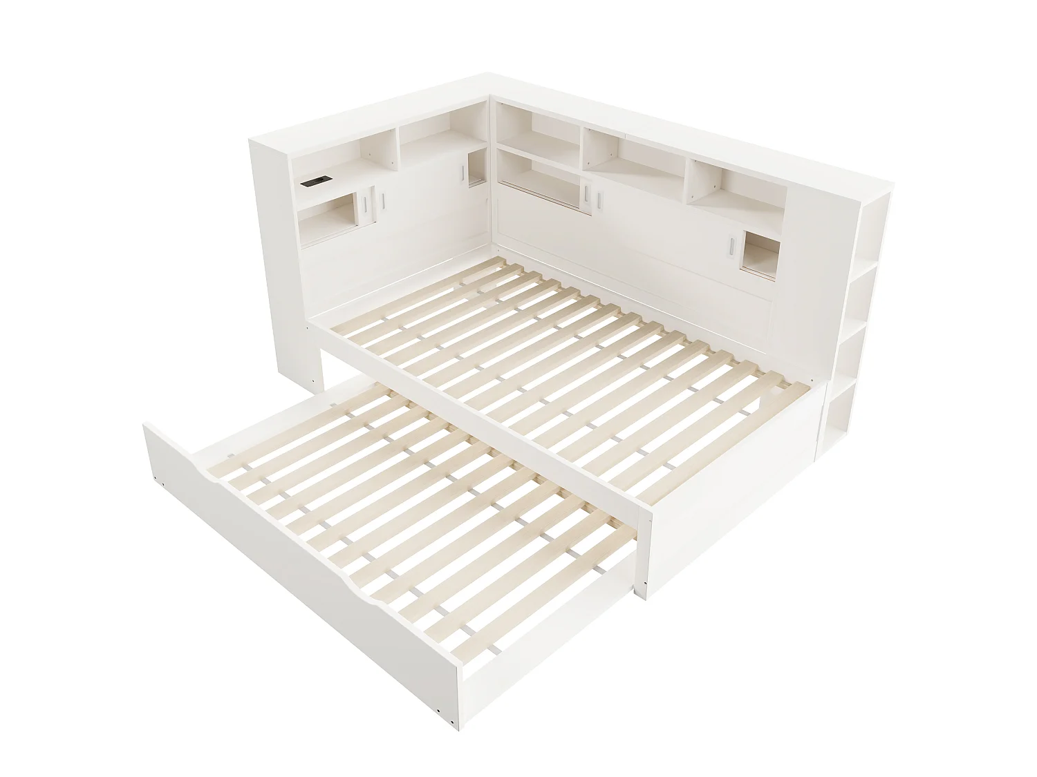 Massief houten onderschuifbed 90x200cm met USB-oplaadpoorten - omgeven door een cirkel met opbergruimte - Wit
