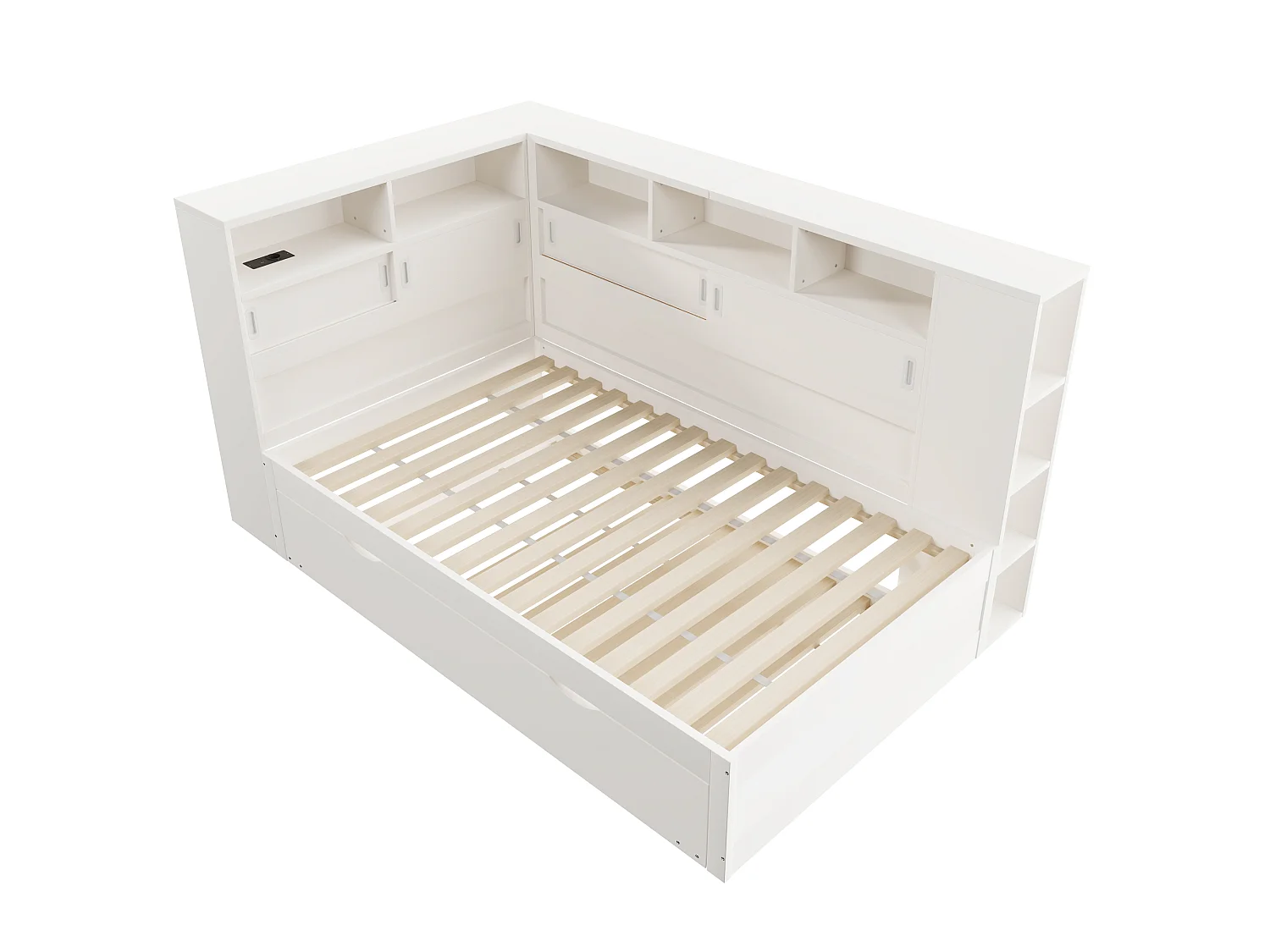 Massief houten onderschuifbed 90x200cm met USB-oplaadpoorten - omgeven door een cirkel met opbergruimte - Wit