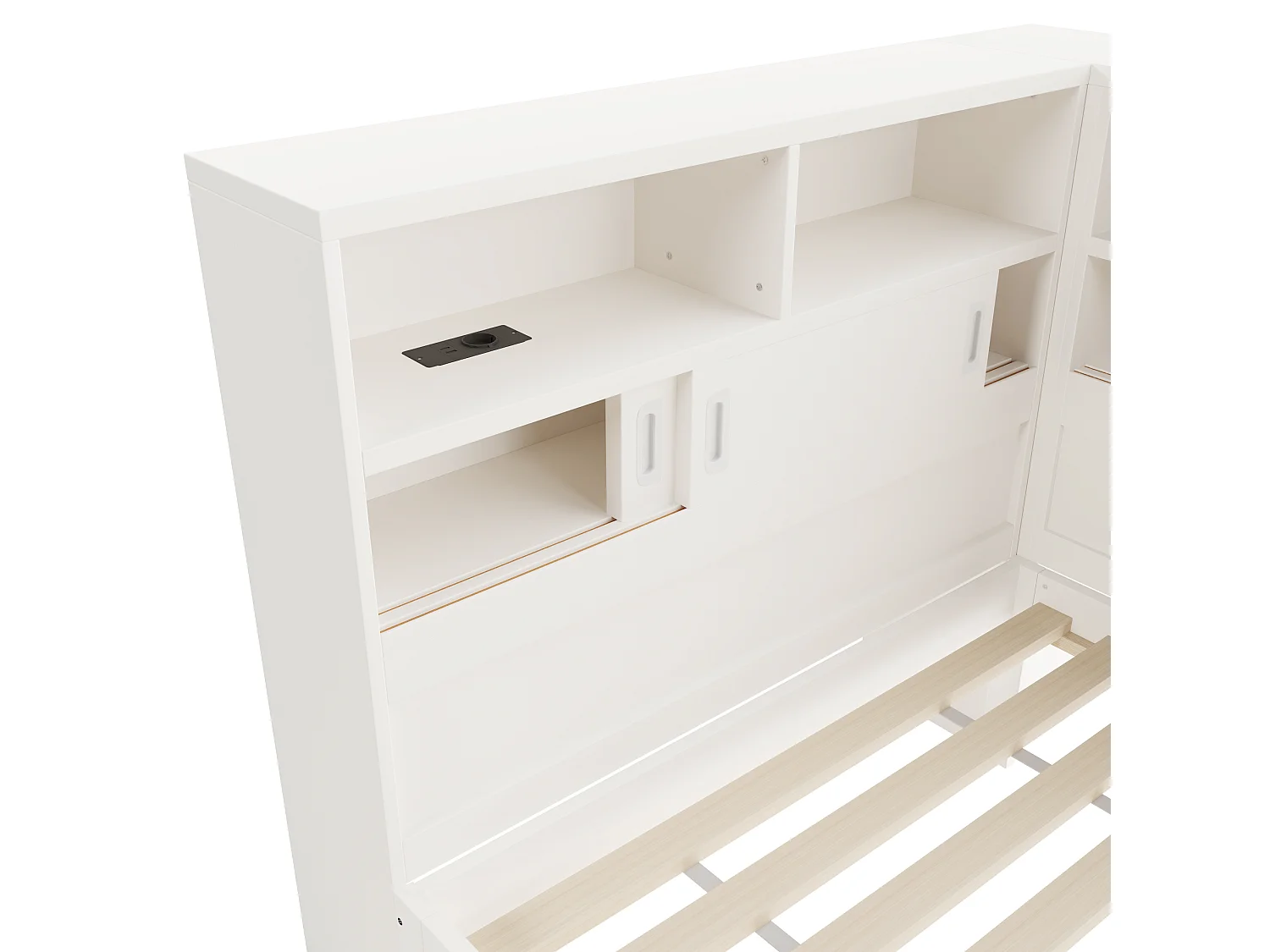 Massief houten onderschuifbed 90x200cm met USB-oplaadpoorten - omgeven door een cirkel met opbergruimte - Wit