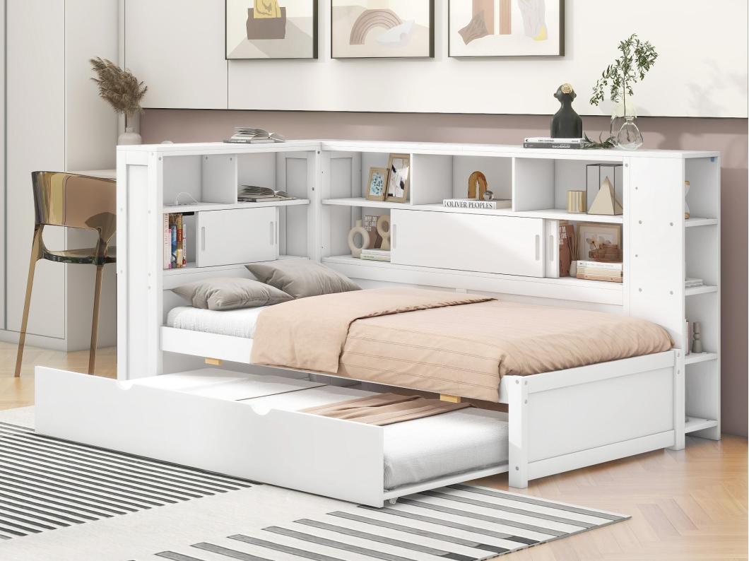 Cama nido de madera maciza de 90x200 cm con puertos de carga USB - rodeada por un círculo de almacenamiento - Blanco