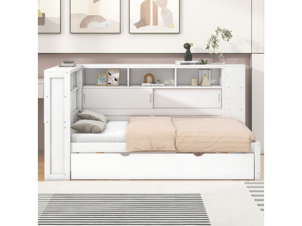 Massief houten onderschuifbed 90x200cm met USB-oplaadpoorten - omgeven door een cirkel met opbergruimte - Wit