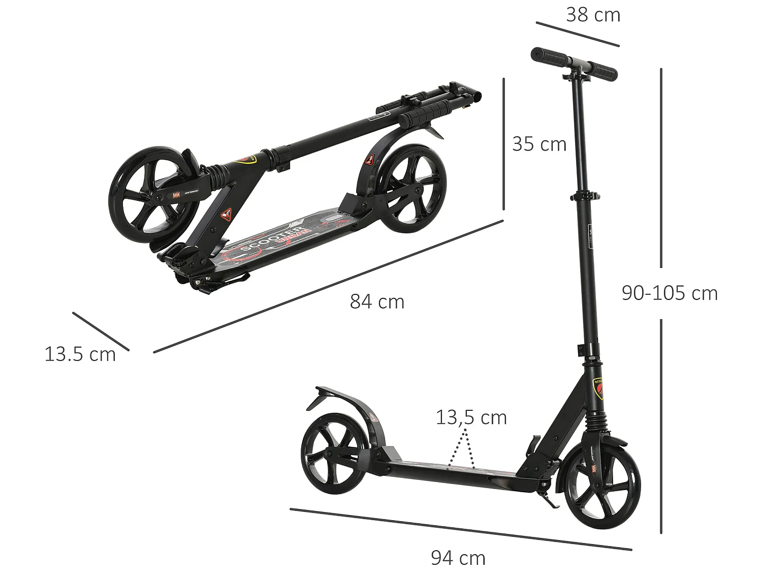 Patinete plegable negro 94x38x105 cm HOMCOM