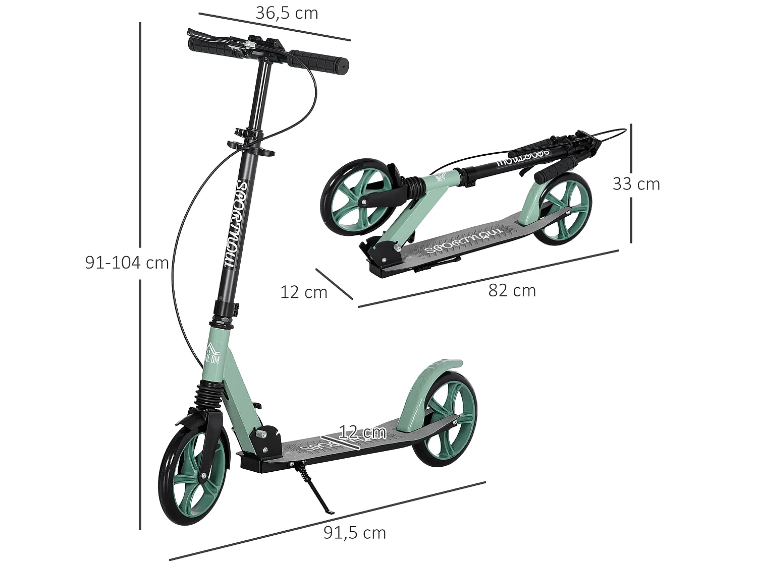 Patinete plegable negro y verde 91.5x36.5x104 cm HOMCOM