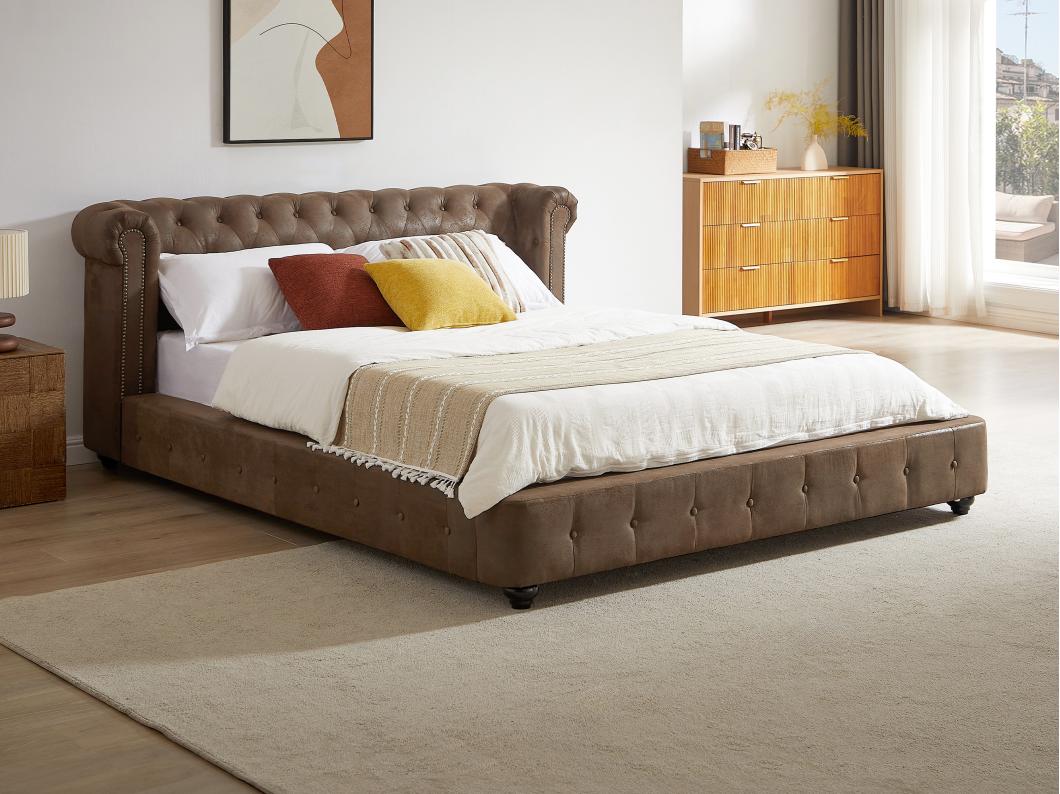 Letto Chesterfield 160 x 200 cm Tessuto effetto Pelle invecchiata Marrone - TONGERLA
