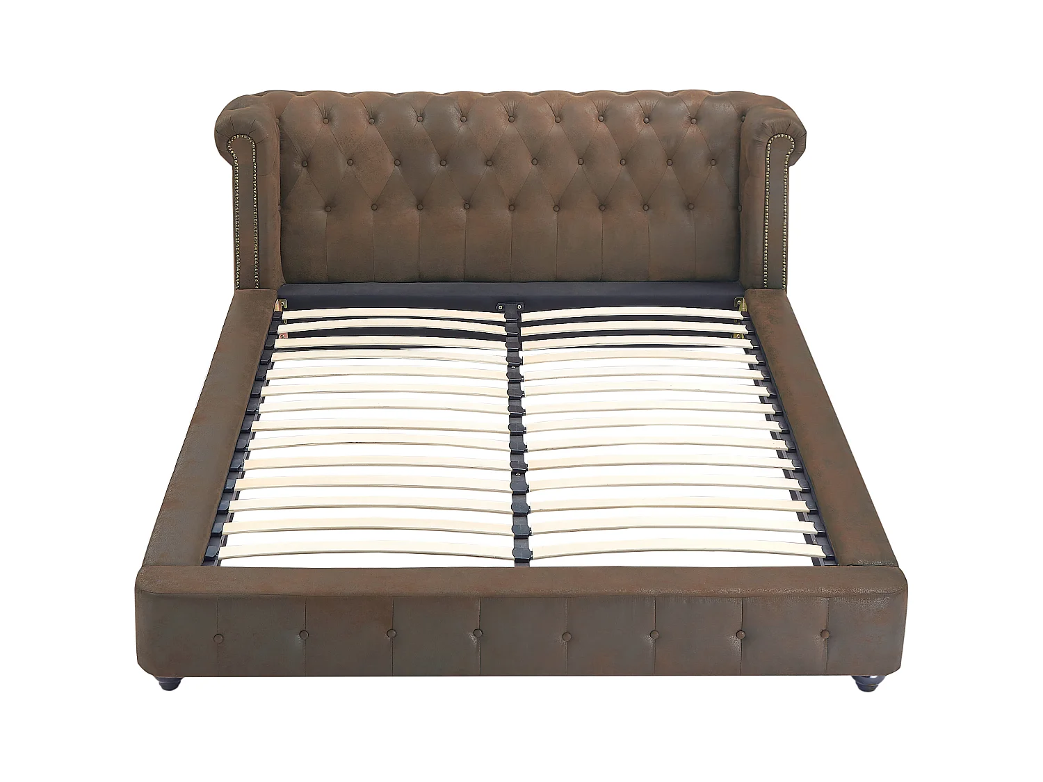 Cama chesterfield 180 x 200 cm - Tela efecto cuero envejecido - Marrón - TONGERLA