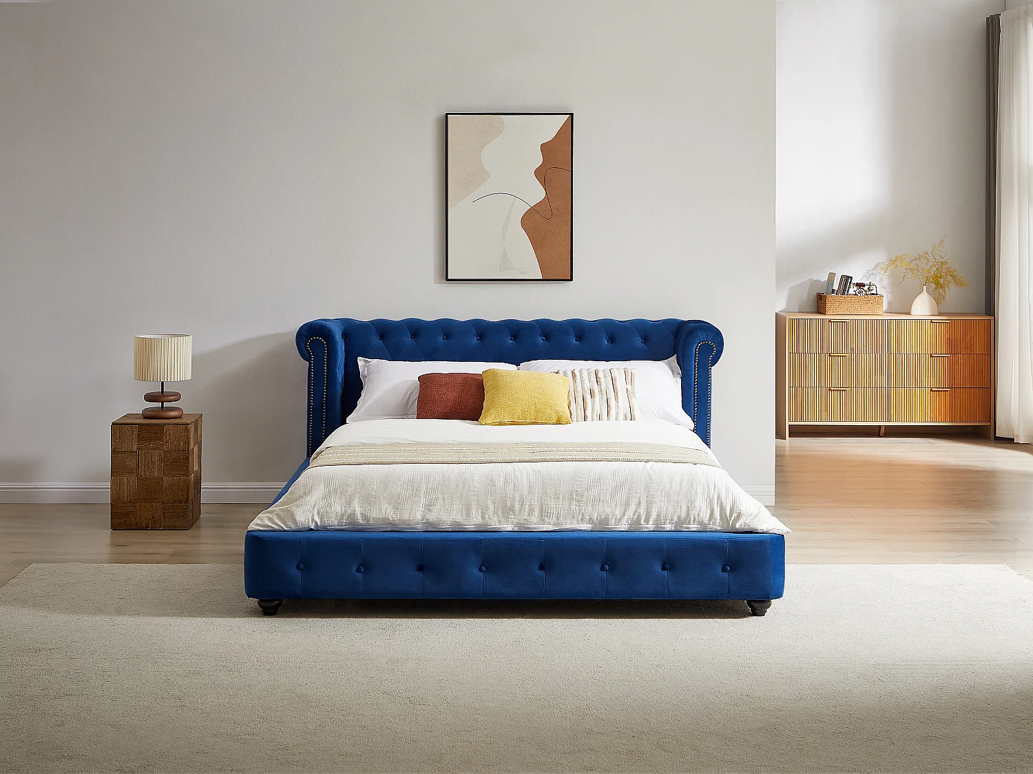 Cama chesterfield 180 x 200 cm - Terciopelo - Azul rey - TONGERLA