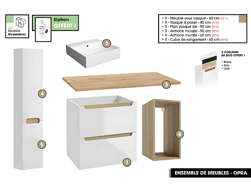 Ensemble complet de salle de bain - Meuble - Plan - Armoires - Cube - Vasque à poser avec Siphons OFFERT | OPRA | 90 x 60 x 45 cm