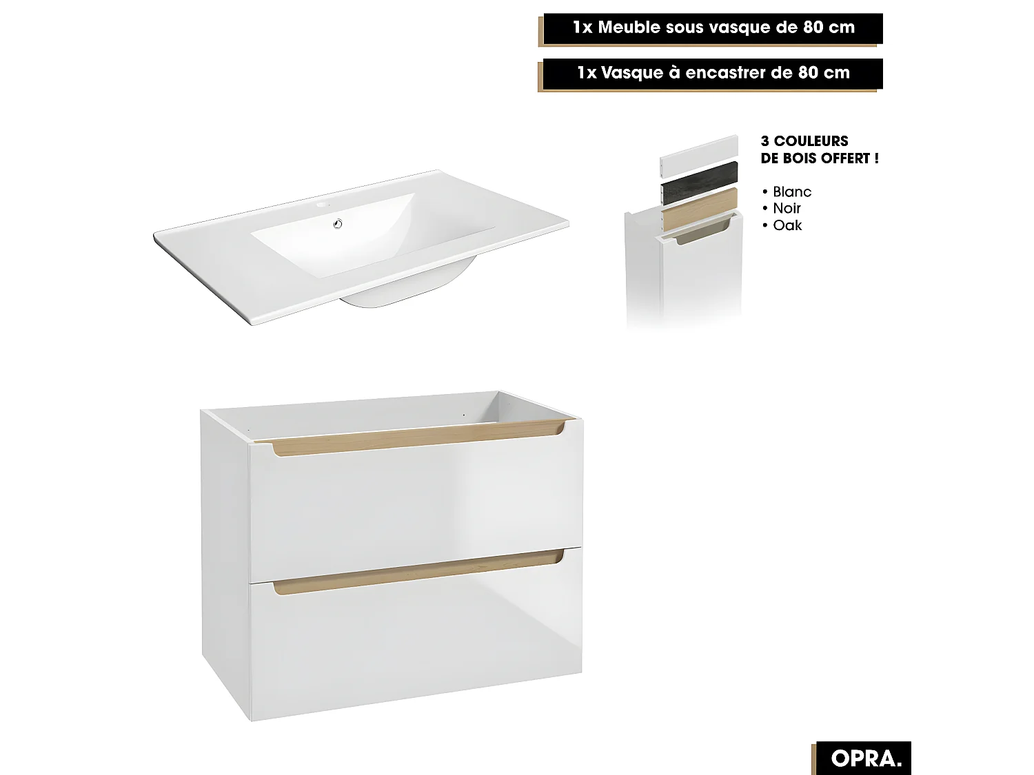 Ensemble complet de salle de bain - Meuble - Armoires - Miroir - Vasque à encastrer avec Siphon OFFERT | OPRA | 80 x 60 x 45 cm