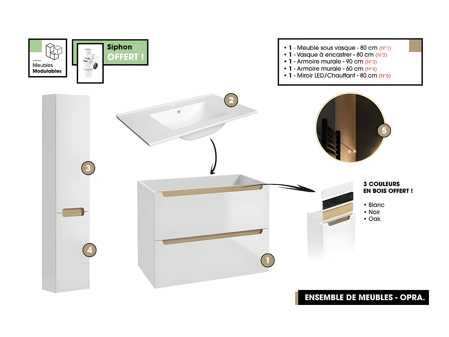 Ensemble complet de salle de bain - Meuble - Armoires - Miroir - Vasque à encastrer avec Siphon OFFERT | OPRA | 80 x 60 x 45 cm