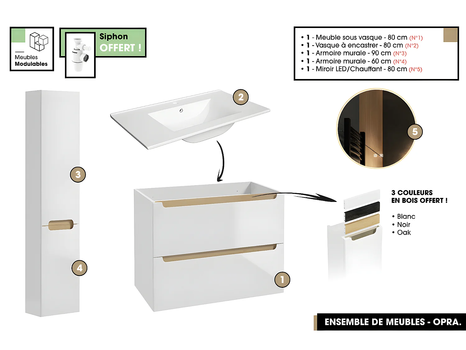 Ensemble complet de salle de bain - Meuble - Armoires - Miroir - Vasque à encastrer avec Siphon OFFERT | OPRA | 80 x 60 x 45 cm