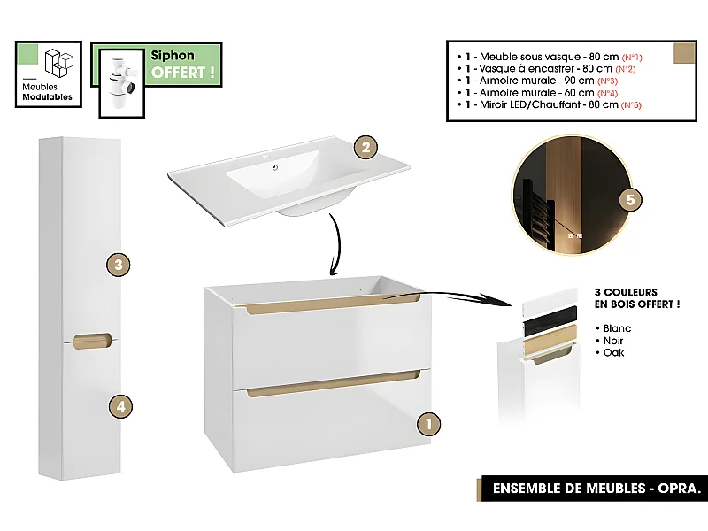 Ensemble complet de salle de bain - Meuble - Armoires - Miroir - Vasque à encastrer avec Siphon OFFERT | OPRA | 80 x 60 x 45 cm