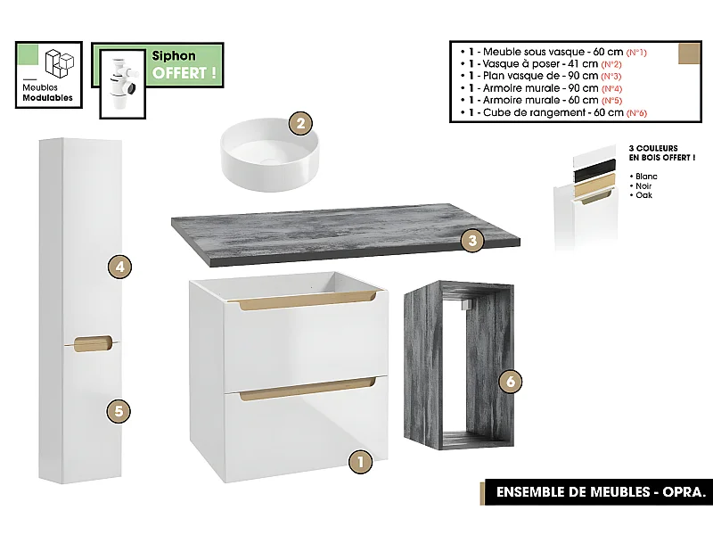 Ensemble complet de salle de bain - Meuble - Plan - Armoires - Cube - Vasque à poser avec Siphons OFFERT | OPRA | 90 x 60 x 45 cm
