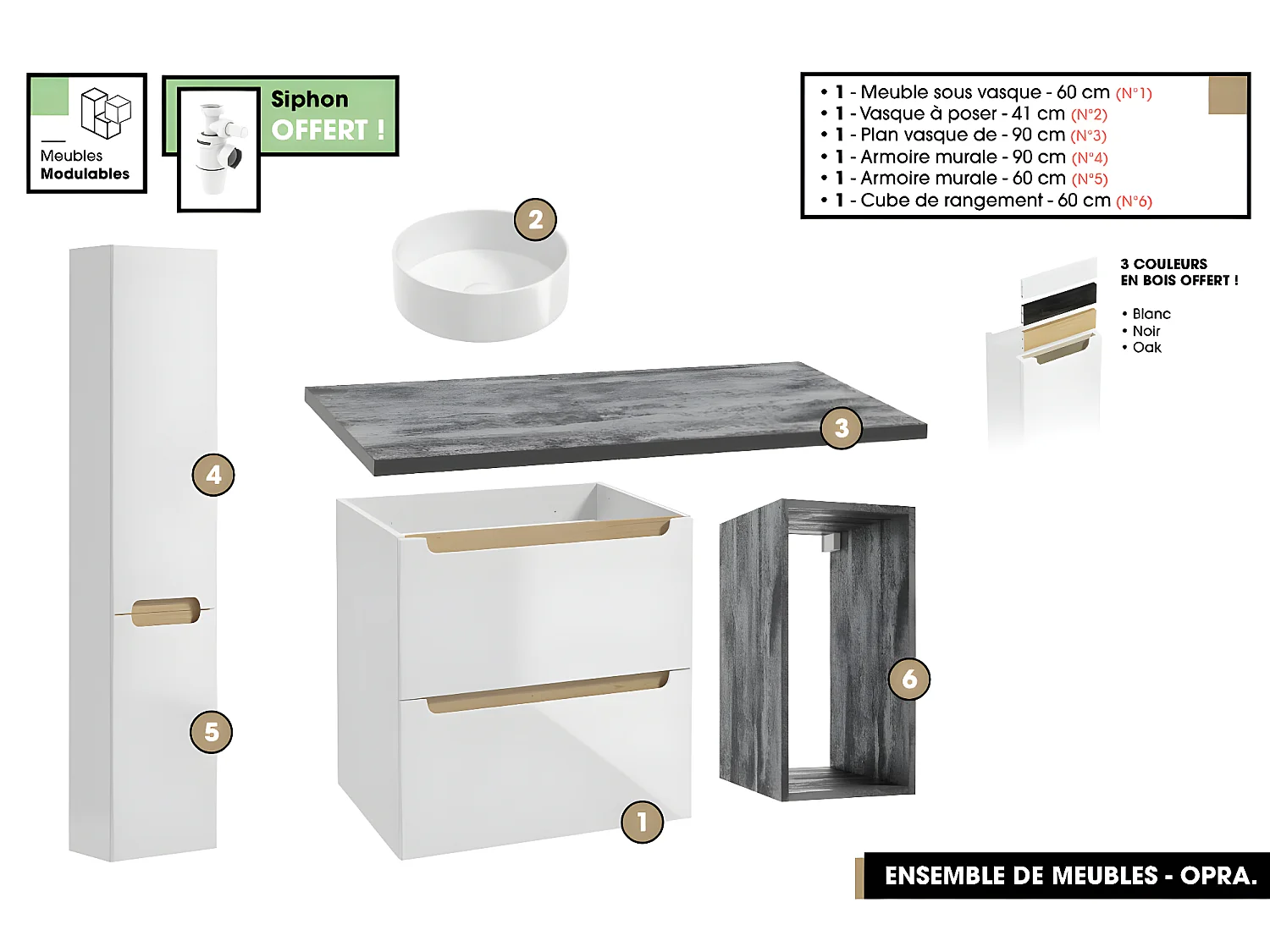 Ensemble complet de salle de bain - Meuble - Plan - Armoires - Cube - Vasque à poser avec Siphons OFFERT | OPRA | 90 x 60 x 45 cm