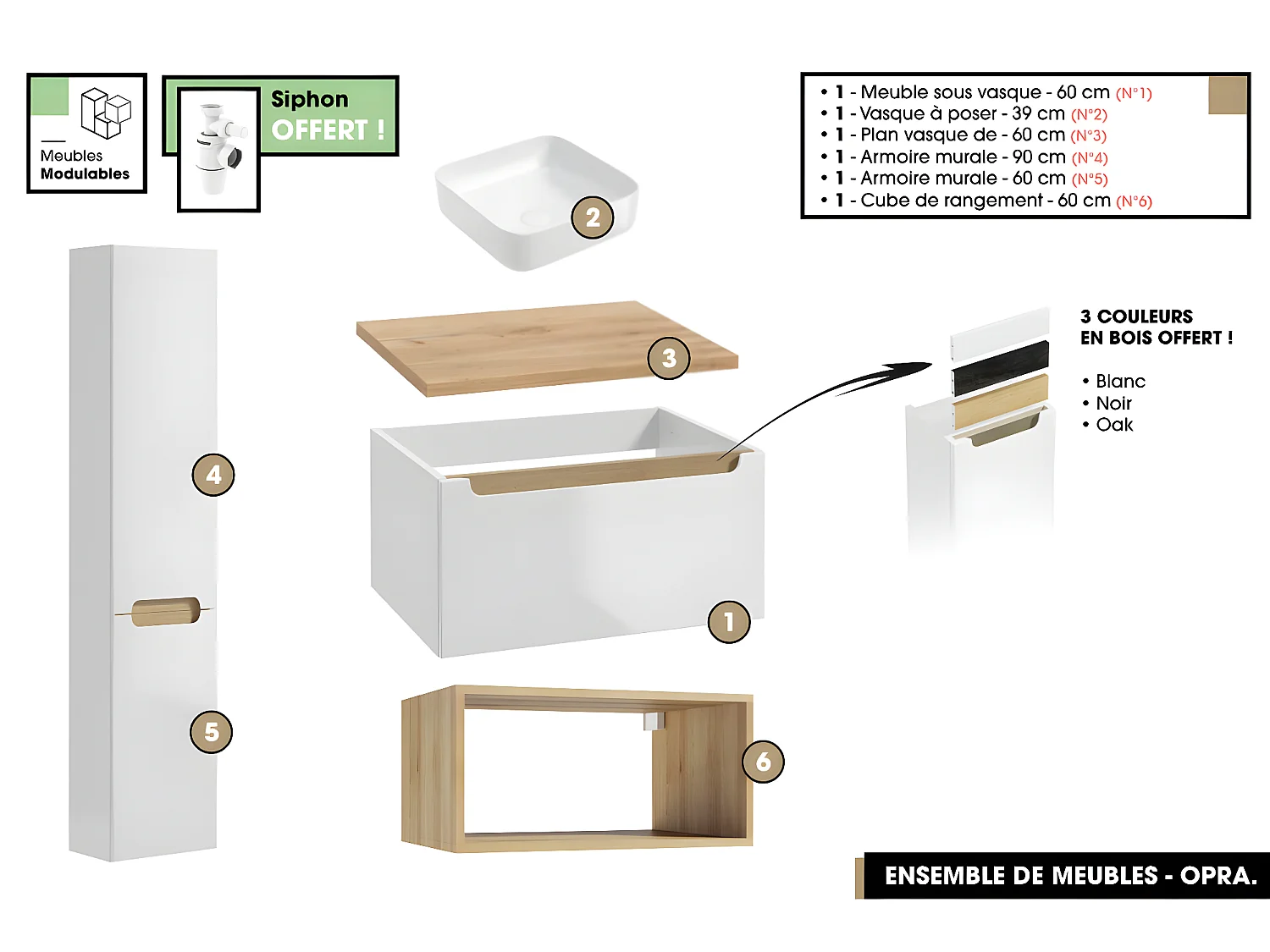 Ensemble complet de salle de bain - Meuble - Armoires - Cube - Vasque à poser avec Siphon OFFERT | OPRA | 60 x 30 x 45 cm