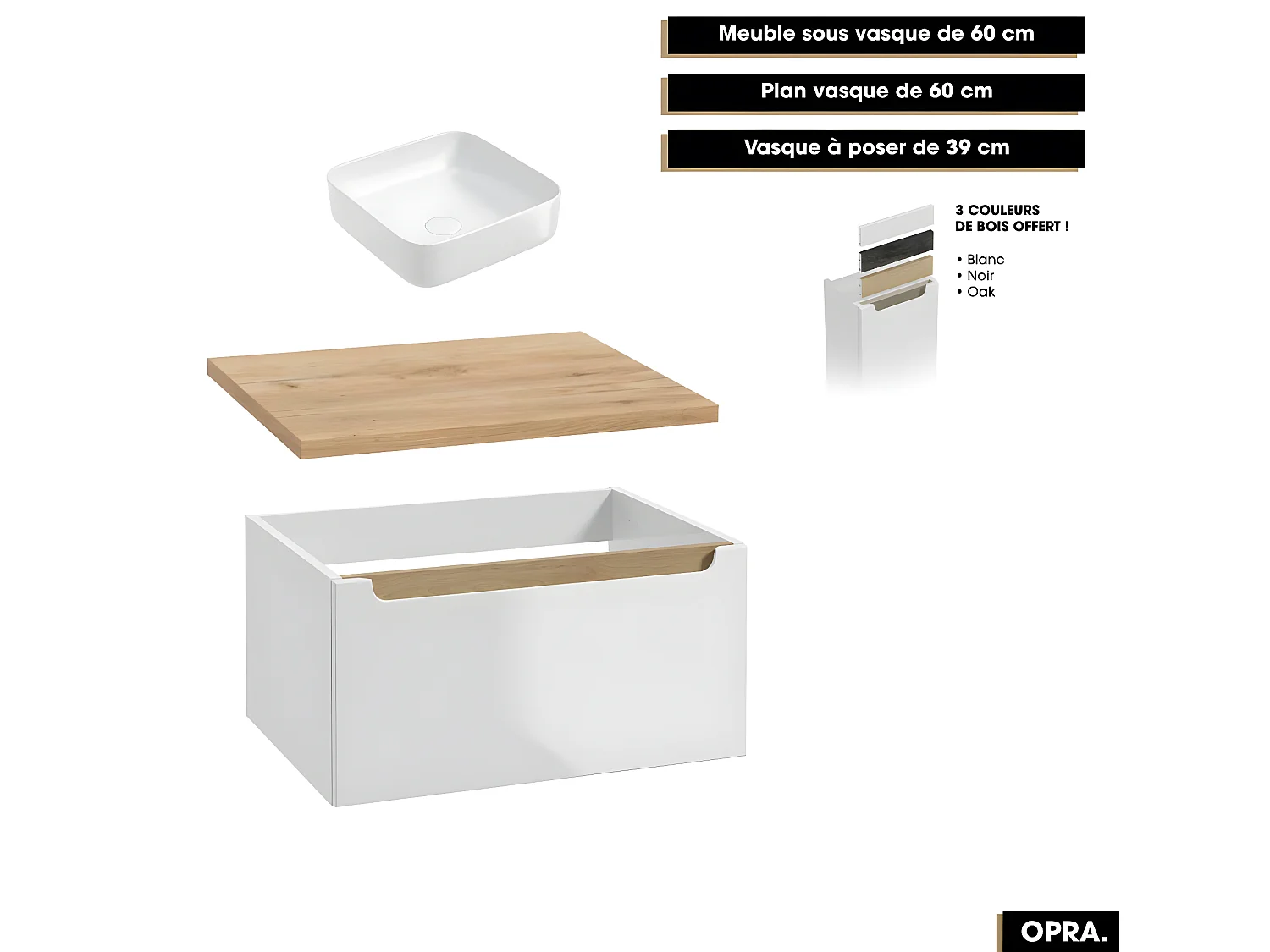 Ensemble complet de salle de bain - Meuble - Armoires - Cube - Vasque à poser avec Siphon OFFERT | OPRA | 60 x 30 x 45 cm