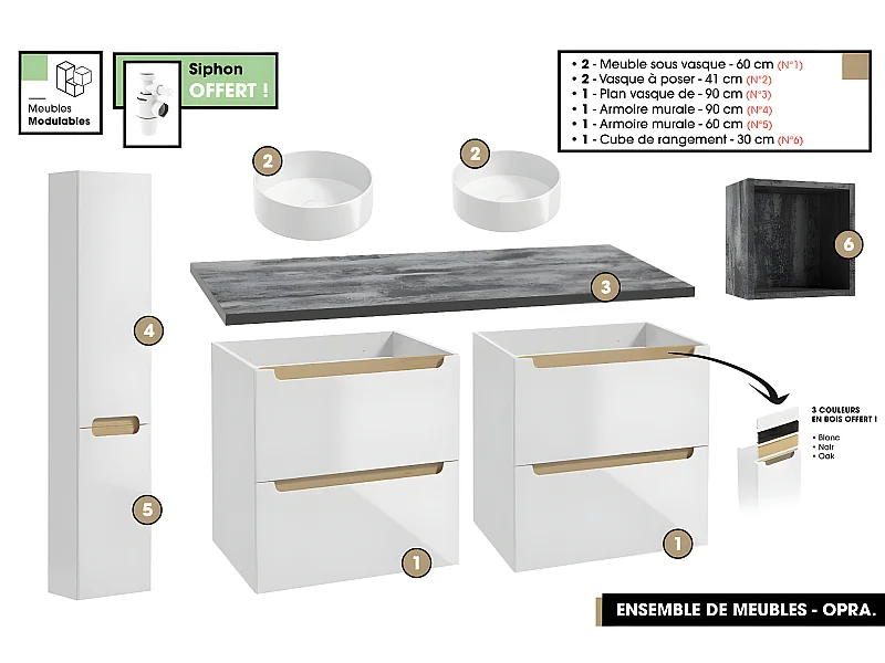 Ensemble complet de salle de bain - Meubles - Armoires - Cube - Vasque à poser avec Siphons OFFERT | OPRA | 120 x 60 x 45 cm