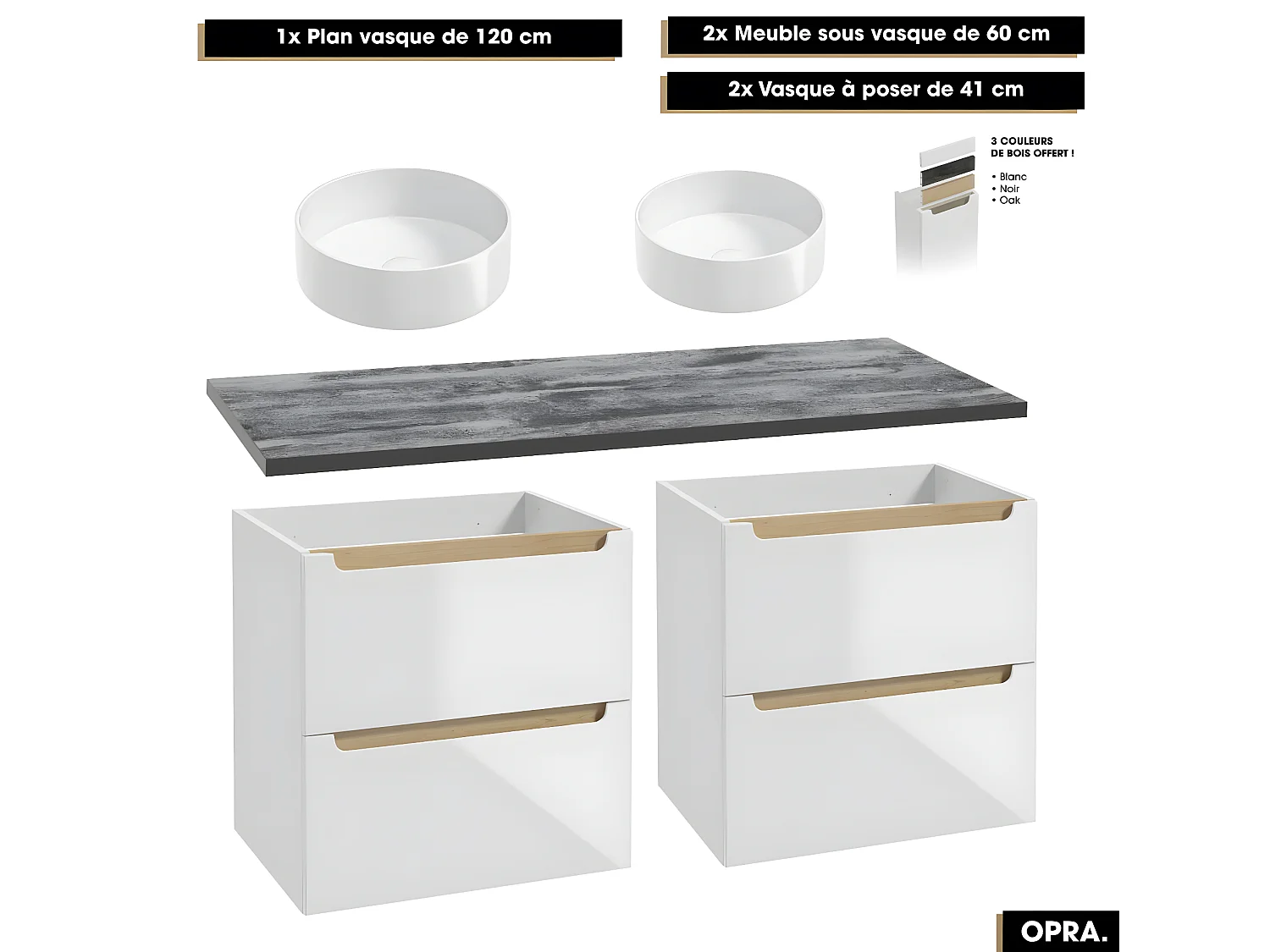 Ensemble complet de salle de bain - Meubles - Armoires - Cube - Vasque à poser avec Siphons OFFERT | OPRA | 120 x 60 x 45 cm