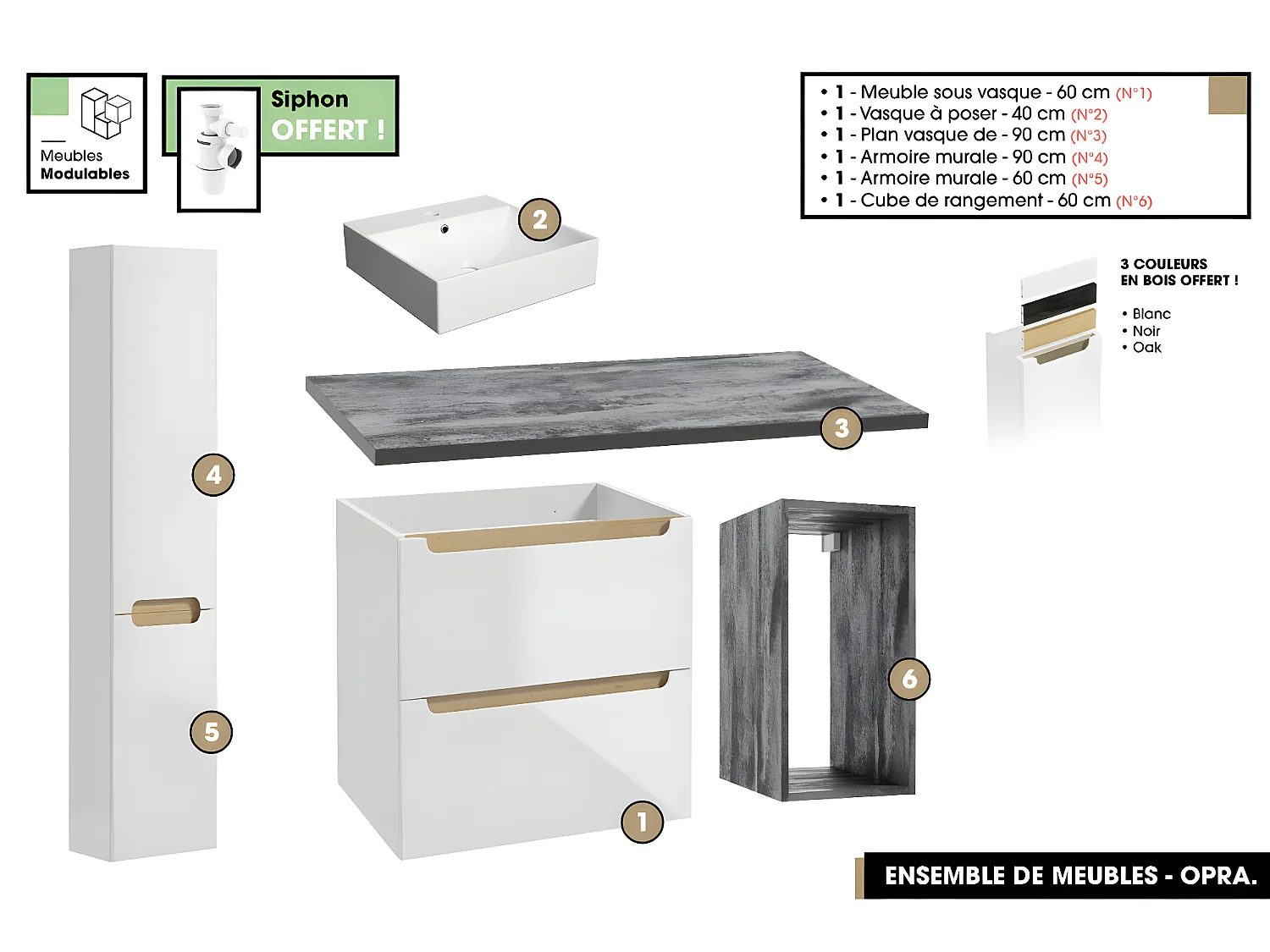 Ensemble complet de salle de bain - Meuble - Plan - Armoires - Cube - Vasque à poser avec Siphons OFFERT | OPRA | 90 x 60 x 45 cm