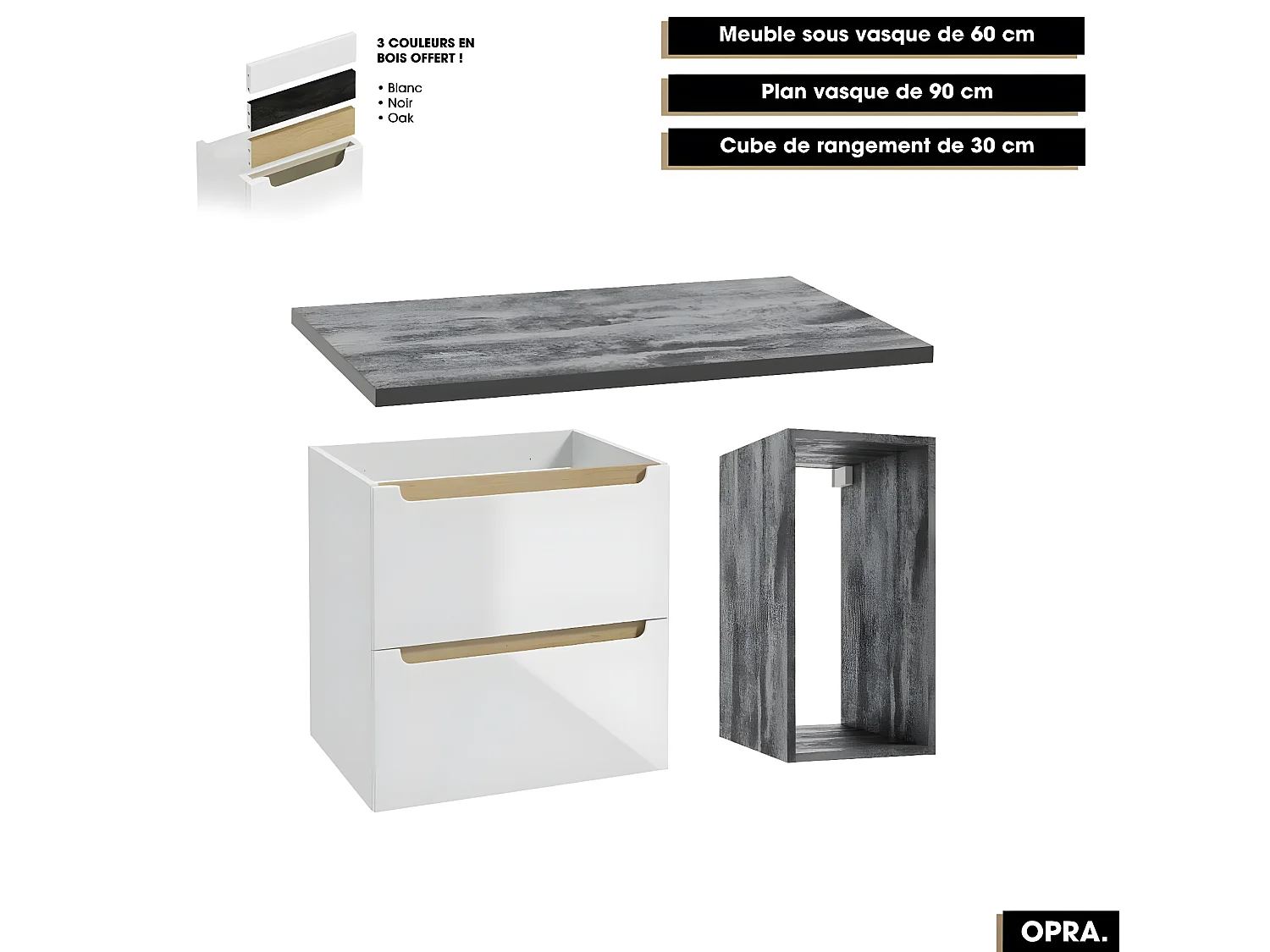 Ensemble complet de salle de bain - Meuble - Plan - Armoires - Cube - Vasque à poser avec Siphons OFFERT | OPRA | 90 x 60 x 45 cm