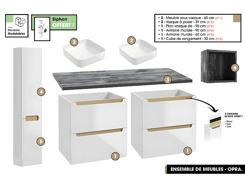 Ensemble complet de salle de bain - Meubles - Armoires - Cube - Vasque à poser avec Siphons OFFERT | OPRA | 120 x 60 x 45 cm