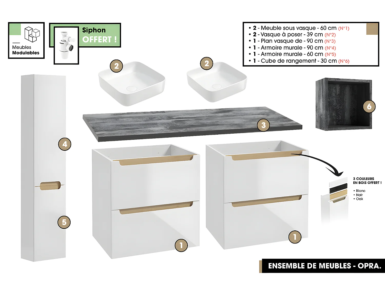 Ensemble complet de salle de bain - Meubles - Armoires - Cube - Vasque à poser avec Siphons OFFERT | OPRA | 120 x 60 x 45 cm