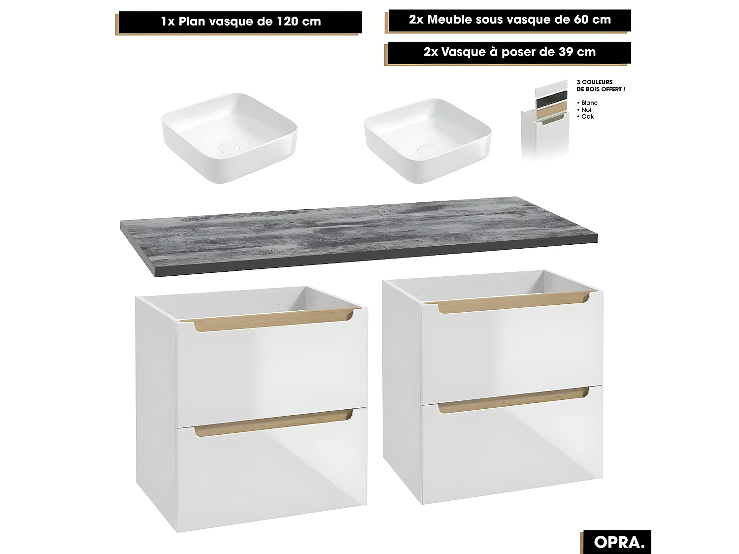 Ensemble complet de salle de bain - Meubles - Armoires - Cube - Vasque à poser avec Siphons OFFERT | OPRA | 120 x 60 x 45 cm