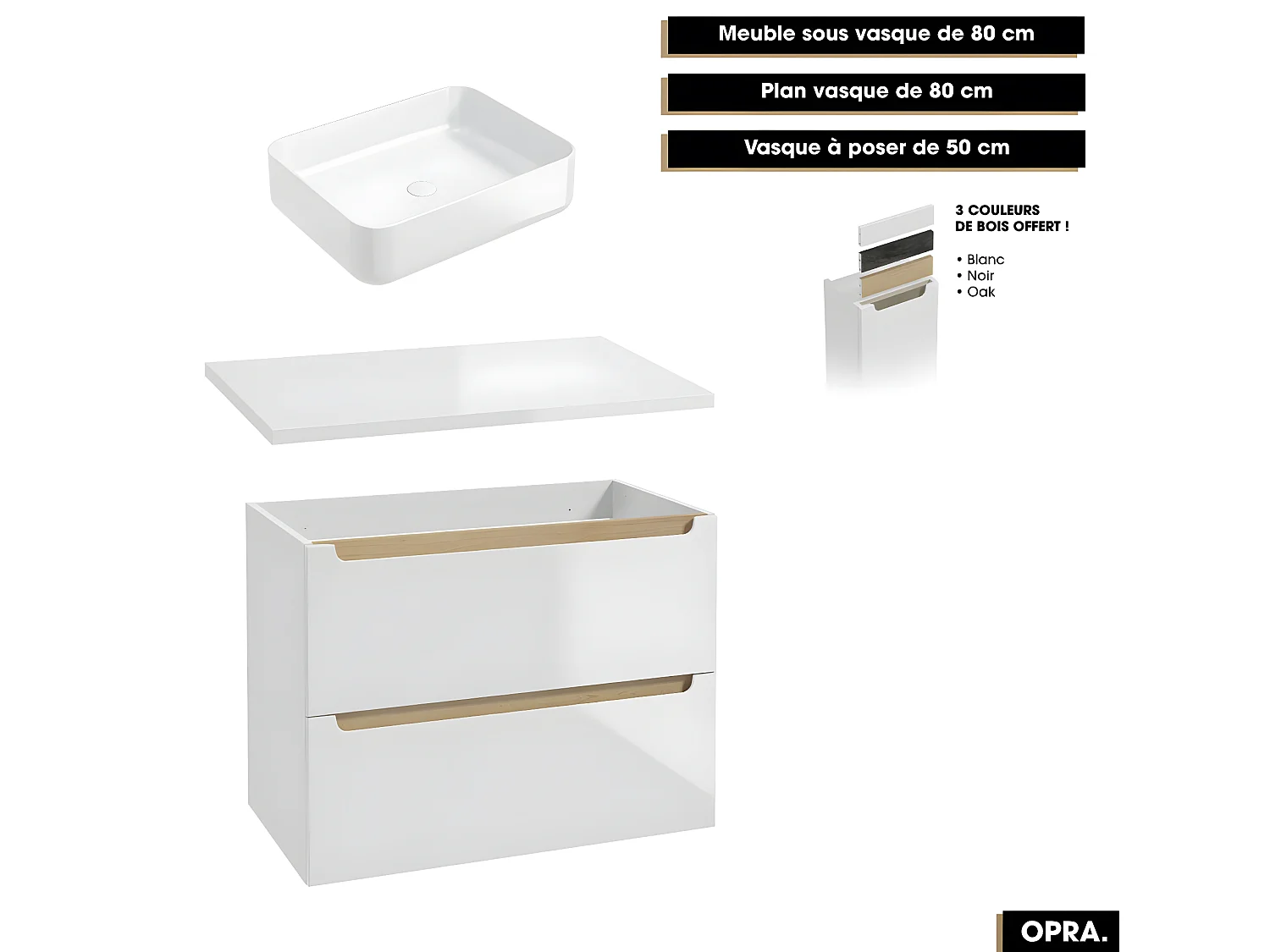 Ensemble complet de salle de bain - Meuble - Plan - Armoires - Miroir - Vasque à poser avec Siphon OFFERT | OPRA | 80 x 60 x 45 cm