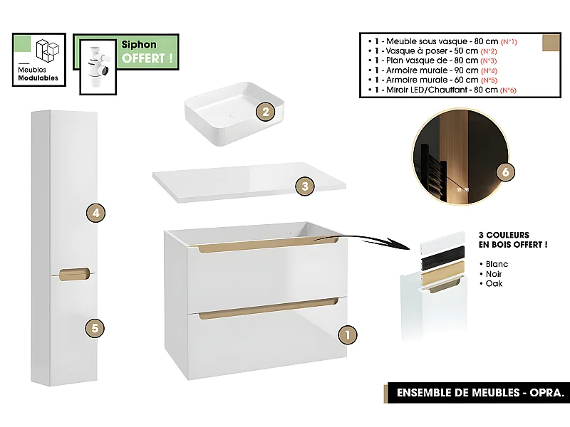 Ensemble complet de salle de bain - Meuble - Plan - Armoires - Miroir - Vasque à poser avec Siphon OFFERT | OPRA | 80 x 60 x 45 cm