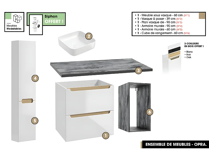 Ensemble complet de salle de bain - Meuble - Plan - Armoires - Cube - Vasque à poser avec Siphons OFFERT | OPRA | 90 x 60 x 45 cm