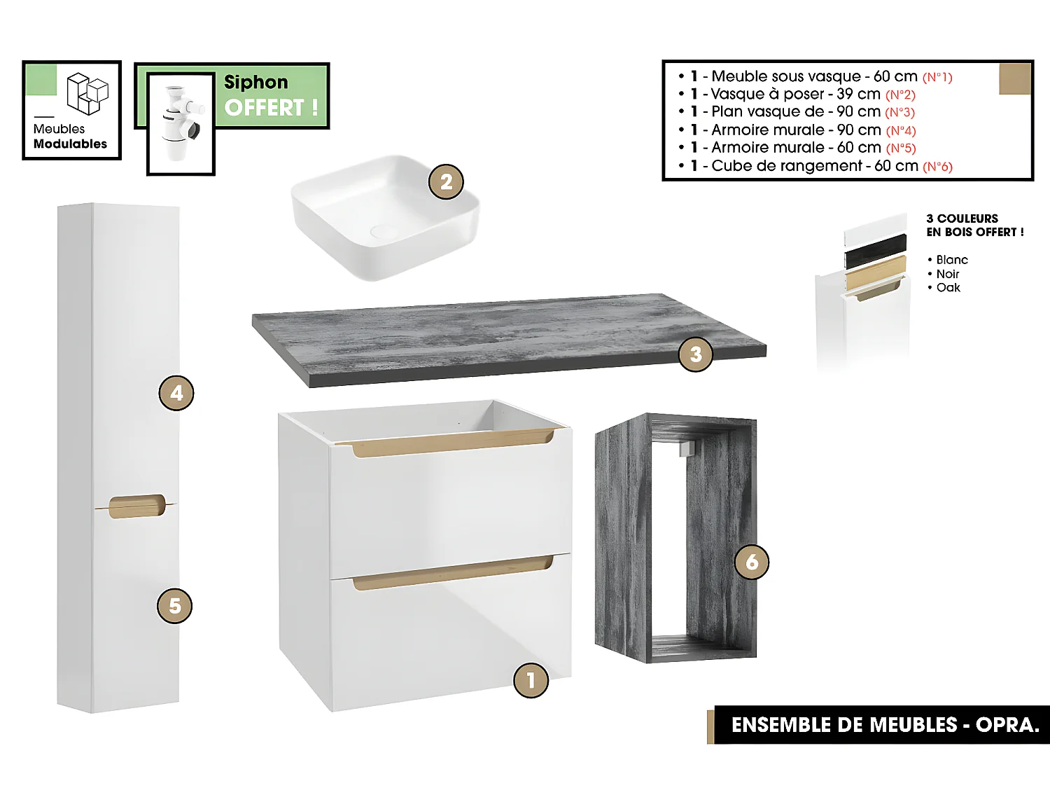 Ensemble complet de salle de bain - Meuble - Plan - Armoires - Cube - Vasque à poser avec Siphons OFFERT | OPRA | 90 x 60 x 45 cm