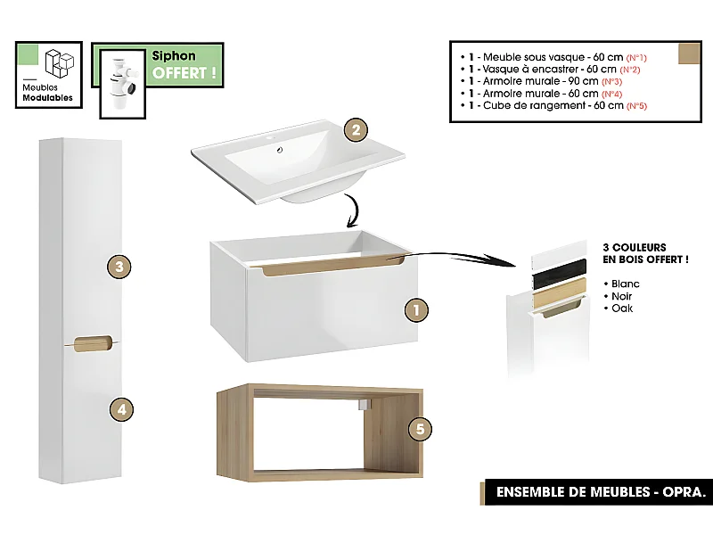 Ensemble complet de salle de bain - Meuble - Armoires - Cube - Vasque à encastrer avec Siphon OFFERT | OPRA | 60 x 30 x 45 cm