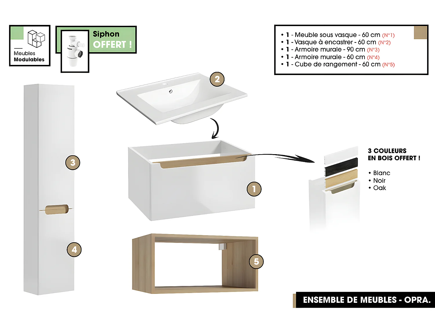 Ensemble complet de salle de bain - Meuble - Armoires - Cube - Vasque à encastrer avec Siphon OFFERT | OPRA | 60 x 30 x 45 cm