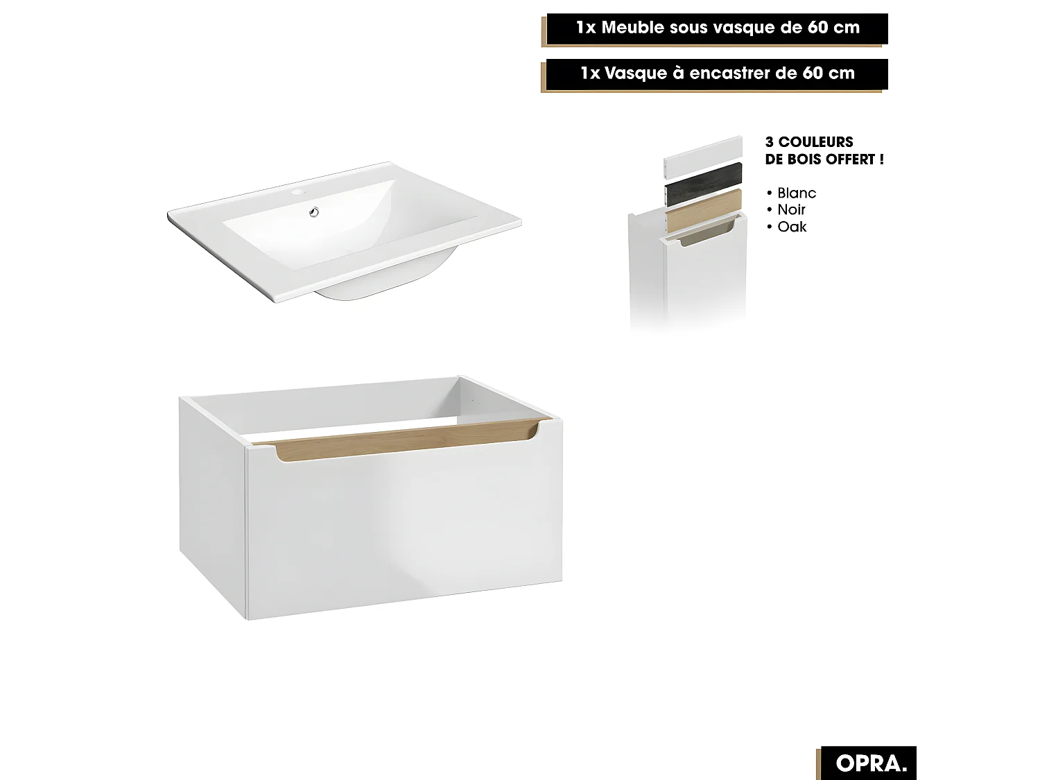 Ensemble complet de salle de bain - Meuble - Armoires - Cube - Vasque à encastrer avec Siphon OFFERT | OPRA | 60 x 30 x 45 cm